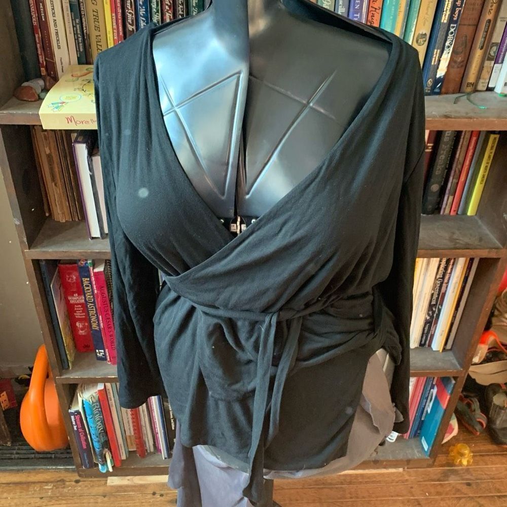 J Crew black knit preppy normcore L wrap blouse